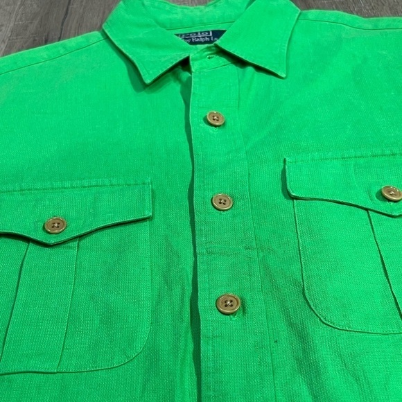 Mens Medium Polo Ralph Lauren Linen Cotton Light Green Shirt Sleeve Safari Shirt - Picture 4 of 8